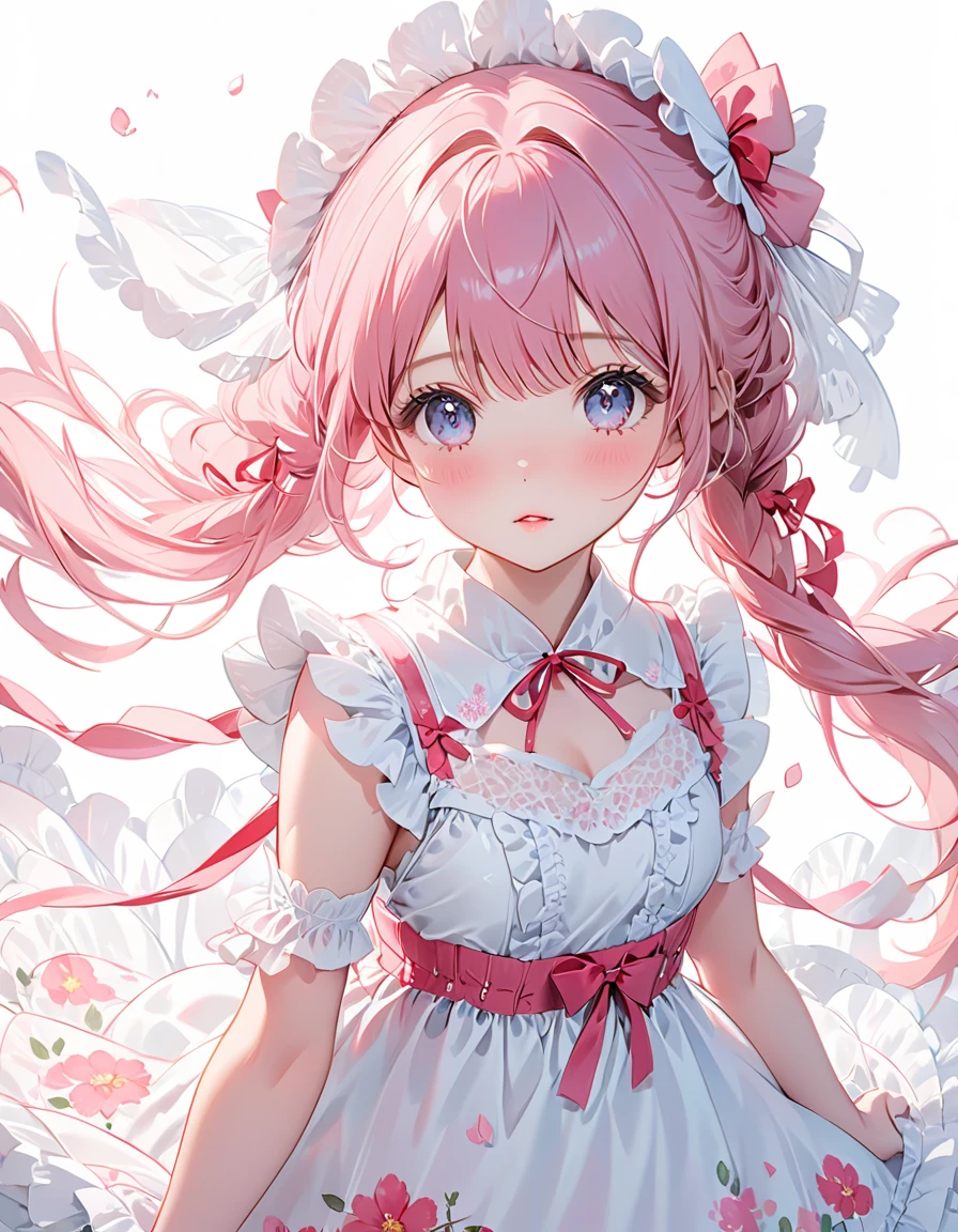Super delicate cute girl wearing a Lolita dress with pink hair. 8K ultra-high image quality, delicate texture, pure white background.