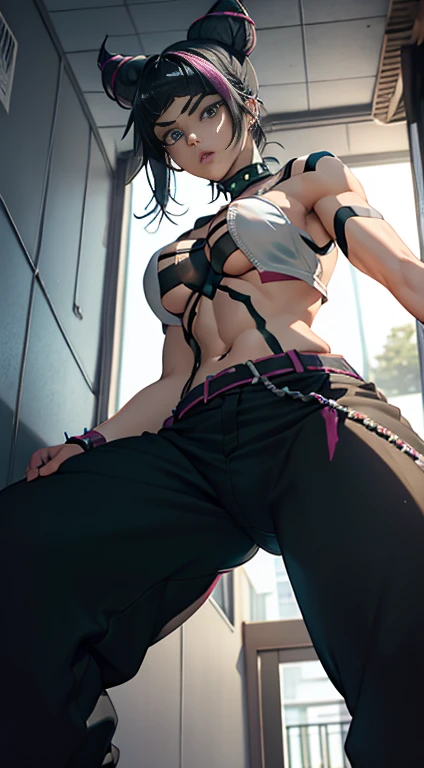 Low angle shot of foujuri, baggy pants, black pants, panties, shot from below, detailed face features, beautiful detailed eyes, beautiful detailed lips, extremely detailed eyes and face, long eyelashes, big breasts, seeing her from below, intricate details, vibrant colors, seamless composition, school, dynamic pose, hallway cinematic, dramatic, 8k, high resolution, 