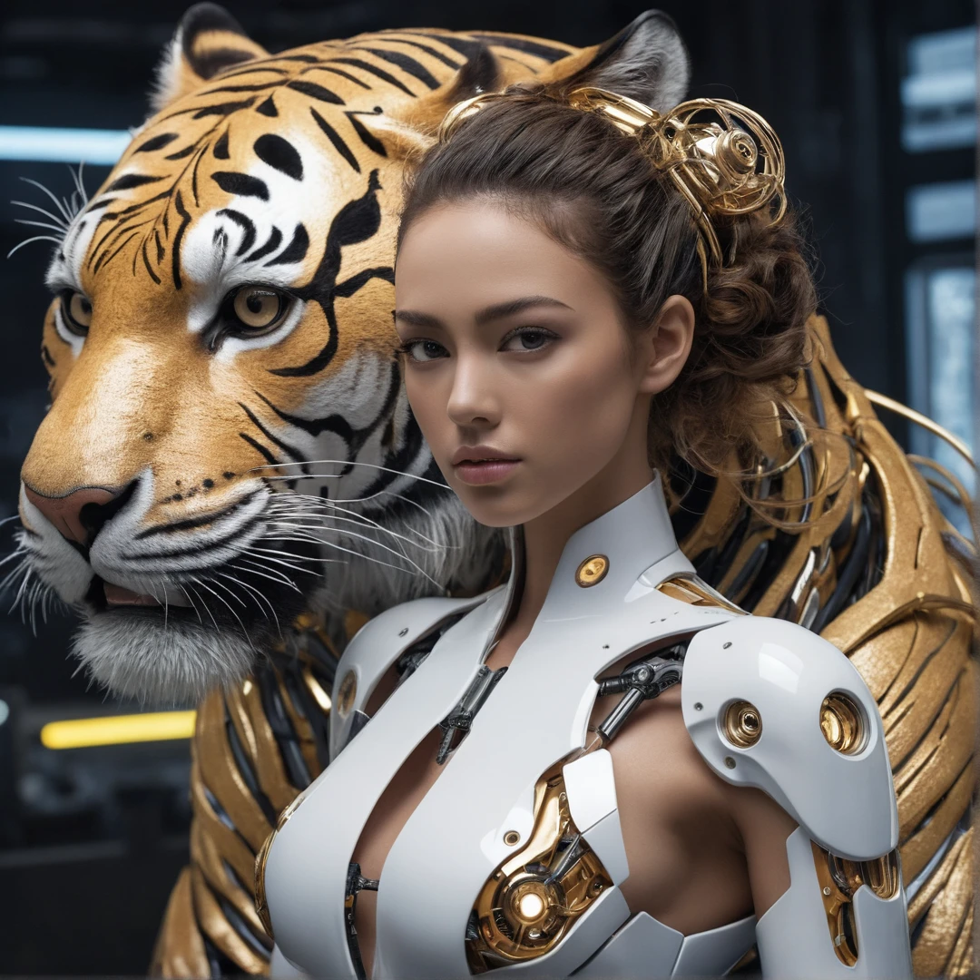 cybernetic style A breathtaking thrilling glimpse into the future, cybernetic Tiger Queen and her Mechanized Companion, the regal monarch dons luxurious gold adornments, her expression poised between fierce determination and irresistible charm. State-of-the-art robotic tiger, seamlessly combining cutting-edge technology with raw animalistic power. Futuristic throne room in the background. Finest wires, gears, servos, and artificial muscle fibers. Intricately textured wavy hair tumble into a tousled bun, revealing subtle wisps framing her face. An elaborate, hyperrealistic environment surrounds our subjects, imbuing depth and context to this incredible vision. A fascinating world where advanced engineering meets unparalleled elegance. style of Neil Blevins, style of Pablo Carpio, . futuristic, technological, cybernetic enhancements, robotics, artificial intelligence themes,