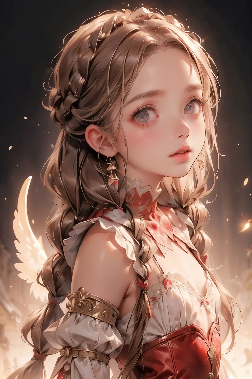 ((best quality)), ((masterpiece)), (detailed), 1girl, (big forhead:1.2),extremely detailed cute anime face, (((flat chest))), (flat chest:1.1),((((long twin braids,tight braids,long braid,braided hair,long hair)))),intricate eyes,beautiful detailed eyes,symmetrical eyes,(((detailed face))),beautiful detailed lips, dynamic pose, looking at this, resolved, resolute, highres,(best quality),(ultra detailed,extremely detailed),perfect face details, ((masterpiece:1.4, best quality))+, (ultra detailed)+, long twintails, cute girl, (flat chest:1.1), small breasts, slim body, skinny, prominent collarbones, skinny arms, flat stomach, visible hip bones, long hair, red hair, white hair, blonde hair, dark hair, ponytail, thick ponytail, heavy ponytail, small breasts, perfect face, small breasts (flat chest:1.1),  Detailed body，Full limbs, (flat chest:1.1), , perfect face, ((best quality)), ((masterpiece)), (detailed), perfect face(Golden ratio:1.2),(Fault color:1.3),[(White background:1.4)::10], (full bodyesbian:1.2),(Ultra-detailed:1.3), （white color background）white background, plain background (colorful ink paper flower grow on the face:1.2), s girl，White hair，Red glowing eyes, photorealestic,（（（Red and white trench coat））），（Red scarf)，a black pleated skirt，black t-shirts，longer sleeves，（（With a hood）），((Multiple pairs of angel wings))，side-lighting, NSFW, Depicting female characters from ethereal anime in a high-quality anime art style, Red and white shoes with a sense of technology，a knight, Bloodborne inspired, tatty Bloodborne attire, occult aesthetic, occult, tatty red and white clothing detailed and intricate steampunk and detailed gothic loliwith a hood), long coat, Complex laced boots, Fluttering lace flared long knee length dress with frilly petticoats, long dress, knee length dress, pleated petticoats, lolita d, petticoats gothic lolita, beaul small breasts, (((( Highly detailed face))), small thin nose, Small thin lips mouth, (((Very sharp focused e