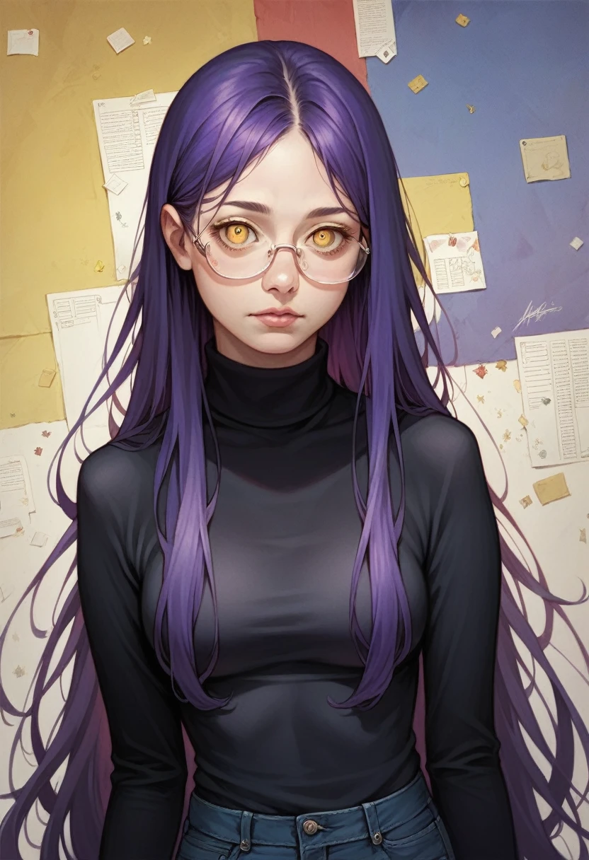 thick outlines, comics, photorealistic, masterpiece:1.2, 1girl, solo, MedCas, glasses, yellow eyes, very long hair, purple hair, turtleneck black sweater, blue jeans, detailed background, detailed face, detailed eyes,