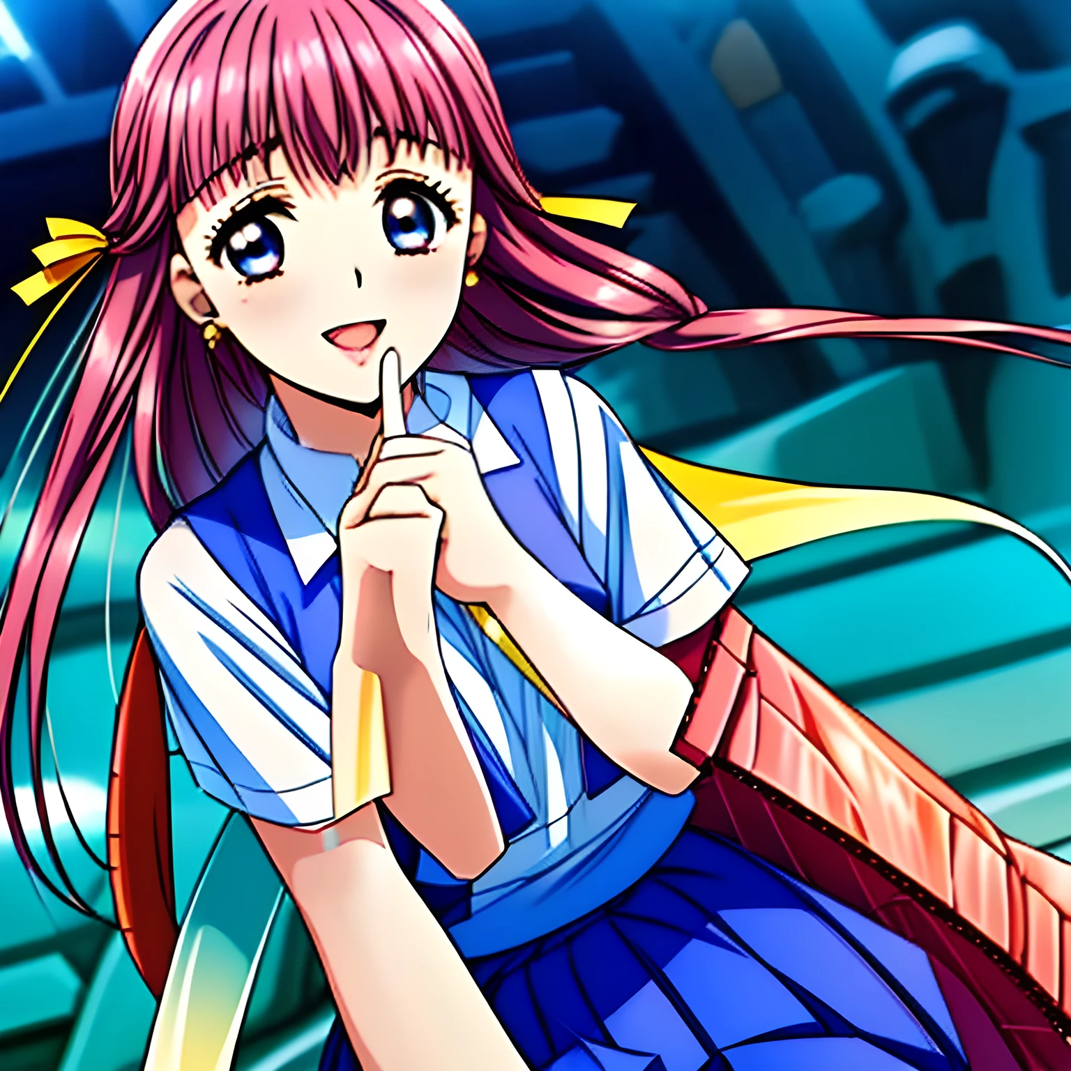 (highest quality, masterpiece:1.2), highest quality, High resolution, 1080P, 8k, (Very beautiful and delicately drawn high-resolution anime CG: 1.5), (A beautiful girl anime heroine, A very neat, very noble, pretty, pure girl is raising up from darkness: 1.4), (sharp thin lines: 1.2), Glossy lips, Evenly cut curled bangs, (beautiful blue eyes with detailed: 1.3), (Very beautiful and very super-long flowing pink long hair: 1.2), (Noble blue school vest uniform, blue pleated noble skirt, white blouse: 1.8), (Yellow cute school ribbon on her chest), (Yellow hair ribbon clip: 1.0), (Giggling: 1.0), (Mouth is laughing and wide open as a game heroine: 1.0), (A beautiful body like a model), (Walking with a leather school bag, turning around), (long cute eyelashes: 1.4), ((thin droopy eyebrows: 1.4)), (giggling and calling me to invite me to her extreme happiness with her mouth widely open!: 1.6), (showing her very long tongue: 1.6), (laughing shy cheeks and lips, as if watching a comedy: 1.5), ((Very super long wavy hair is too much beautiful: 1.0)), (Tilting her head shyly: 1.2), (Too beautiful women to stop falling into her, makes me crazy: 1.6), (She is in fact succubi and calling me with strong religious temptation, drops me into craziness: 1.2), (showing her palm to invite me: 1.2)