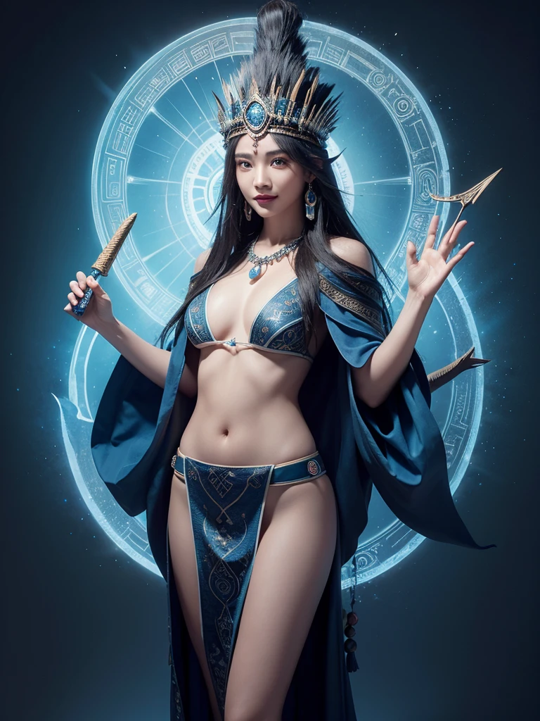 1 woman. Beautiful young woman. 25 years old. Beautiful Indonesian tribe queen. White skin. Powerful shaman. Indonesian Hogwarts. Shaman professor. shaman tribe hat. Black hair. Blue sexy transparent shaman suit no pants. No bra. No underwear. Blue shaman cloak. Flat chest. Holding the blue orbz. Blue Sapphire large necklace. shaman room. Beautiful face. Standing pose. Shaman statue. Blue temple. Shamanic logo on the wall. Smile.