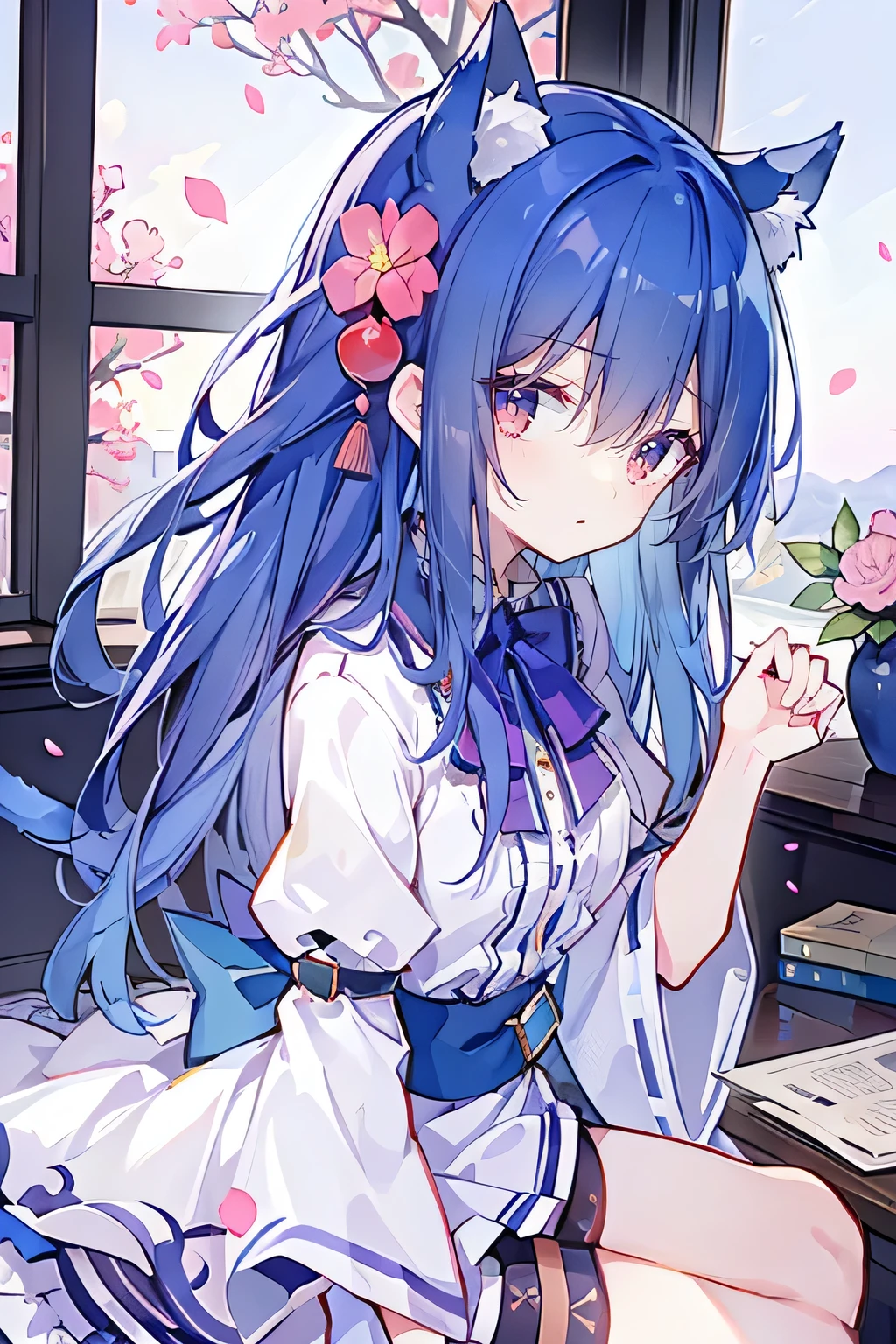 (masterpiece:1.2),Super detailed,lifelike,Expressive eyes,fair skin,perfect face shape,1 girl,
Japanese comics,Gorgeous blue hair,flowing blue hair,flowing clothes,Cat ears,Petals fall,beautiful lola,Baby Angel,
Shaking head with one hand,Cross your legs,,The pavilion is cool and comfortable,smile,back views,sunrise,Petals fall,sunrise,sitting on window sill drinking coffee and looking out the window。