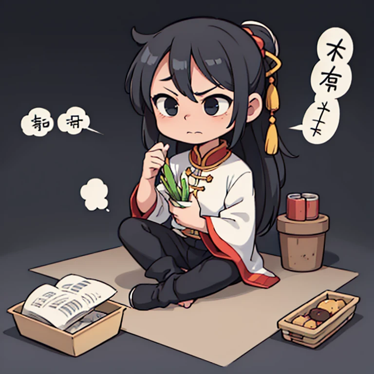 boy only、comic, chibi, cute, serious, Sit Cross-legged, Zen,Full Body,(Ancient Chinese clothes:1.2),with long black hair,Black eyes,boot,Poor, Homeless clothes,white background,simple background