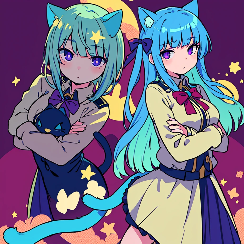 1girl, frederica bernkastel, bangs, blue bow, blue hair, blunt bangs, bow, breast hold, cat tail, crossed arms, dress, long hair, long sleeves, purple eyes, simple background, solo, tail bow, tail ornament, tail raised, tail ribbon