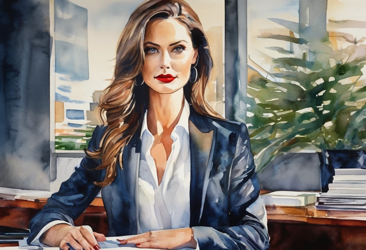 A captivating watercolor painting of a young, beautiful, and attractive woman in a modern office setting. She is dressed in a professional attire, with a fitted blazer and a stylish blouse, and her long hair is styled elegantly. The vibrant colors of the painting, including her red lipstick, contrast with the subtle tones of the office background. The overall atmosphere of the painting exudes a sense of confidence and allure, making it easy to believe that all men would be captivated by her presence.