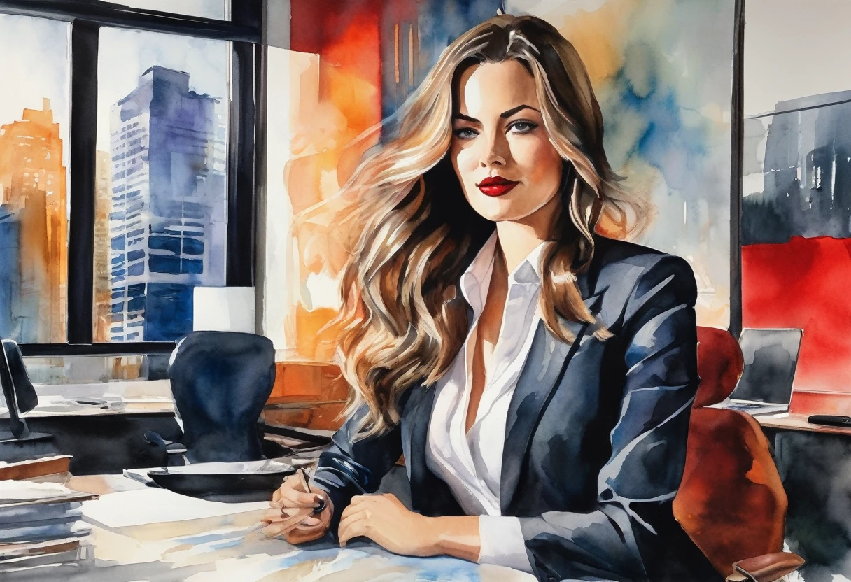 A captivating watercolor painting of a young, beautiful, and attractive woman in a modern office setting. She is dressed in a professional attire, with a fitted blazer and a stylish blouse, and her long hair is styled elegantly. The vibrant colors of the painting, including her red lipstick, contrast with the subtle tones of the office background. The overall atmosphere of the painting exudes a sense of confidence and allure, making it easy to believe that all men would be captivated by her presence.
