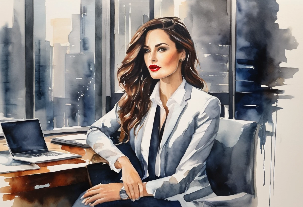 A captivating watercolor painting of a young, beautiful, and attractive woman in a modern office setting. She is dressed in a professional attire, with a fitted blazer and a stylish blouse, and her long hair is styled elegantly. The vibrant colors of the painting, including her red lipstick, contrast with the subtle tones of the office background. The overall atmosphere of the painting exudes a sense of confidence and allure, making it easy to believe that all men would be captivated by her presence.