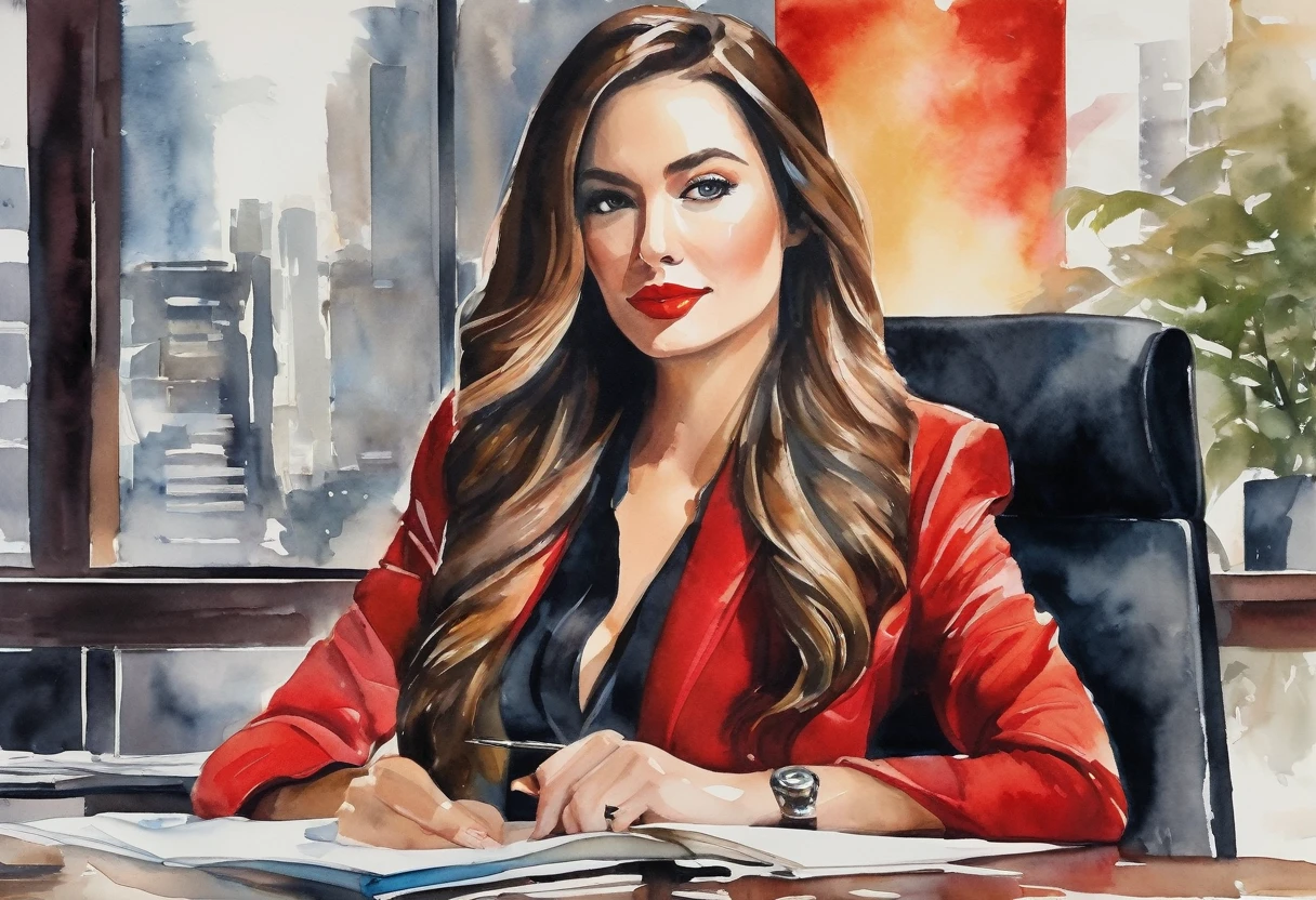 balalaica, masterpiece, Best Quality, absurdities, 1 girl, looking at the viewer, inside, Office, Sunset, Serious, Crossed arms, chair, Session, Red suit, tube skirt, shackles, (burn scar:1.5), mole under the eye, Upper part of the body