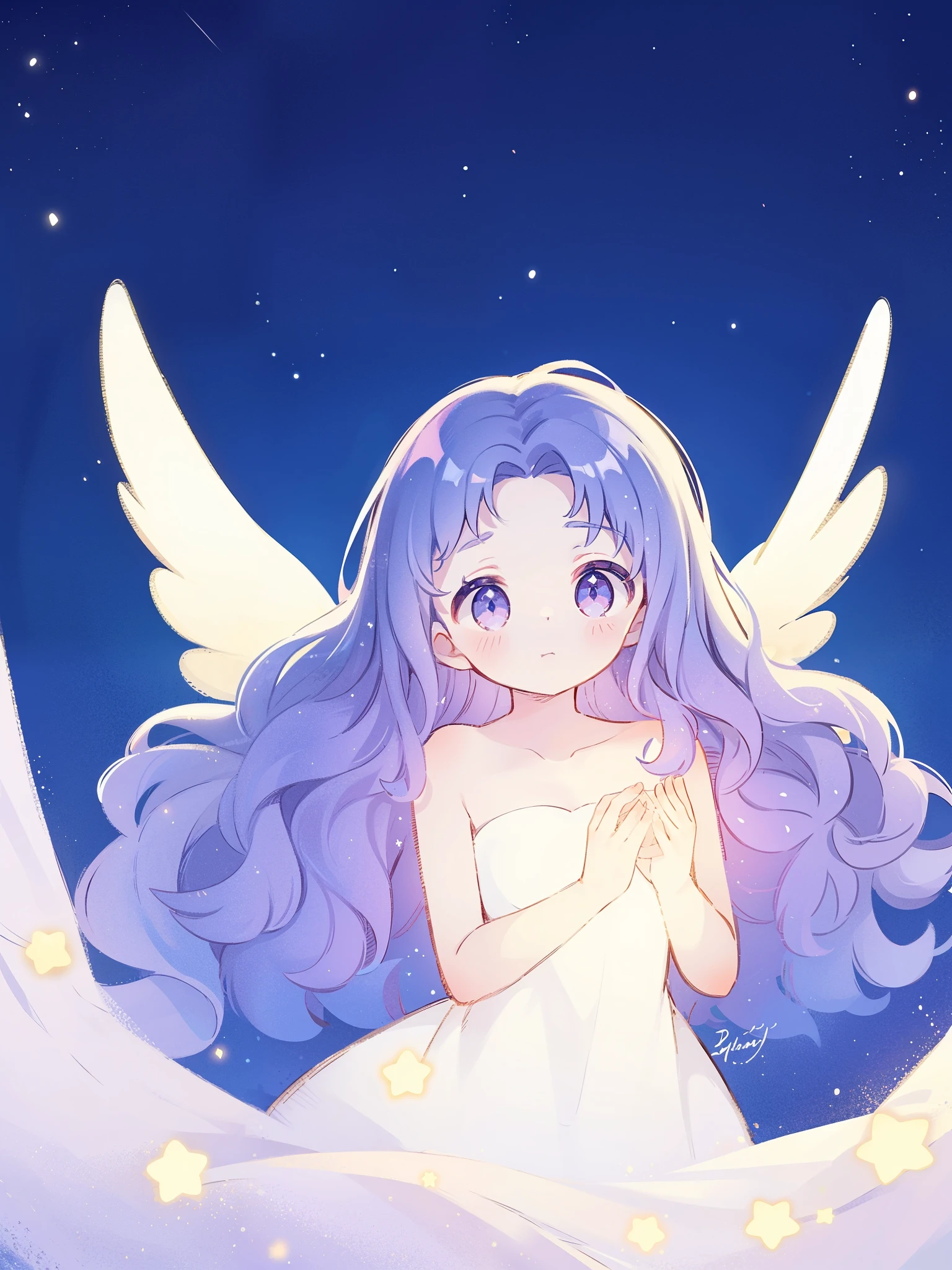 nude angel girl wearing an ethereal translucent dress, pale skin, ((wavy gradient blue purple hair)), white feathers, angel wings, sparkling detailed eyes, golden ratio face, perfect composition, highly detailed, ethereal, (starry night sky background), midjourney style
