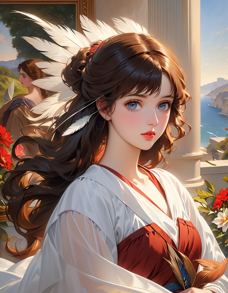 a beautiful 20 year old girl, detailed face, intense eyes, lush lips, flowing hair, elegant pose, holding a feather, classical academic portrait painting style, warm lighting, rich colors, oil painting, masterpiece, museum quality, Eugene De Blaas, John William Godward, Bouguereau