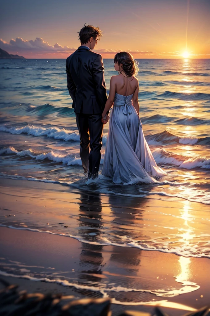 magine a distant view of a couple standing by the edge of the sea. The scene captures the expansive horizon and vast ocean stretching out before them. The couple is small in the foreground, with their silhouettes gently outlined against the backdrop of a serene and open sky. The setting sun casts a warm, golden glow over the scene, reflecting off the tranquil waves. The focus is on the broad, sweeping landscape and the couple's intimate presence within it.