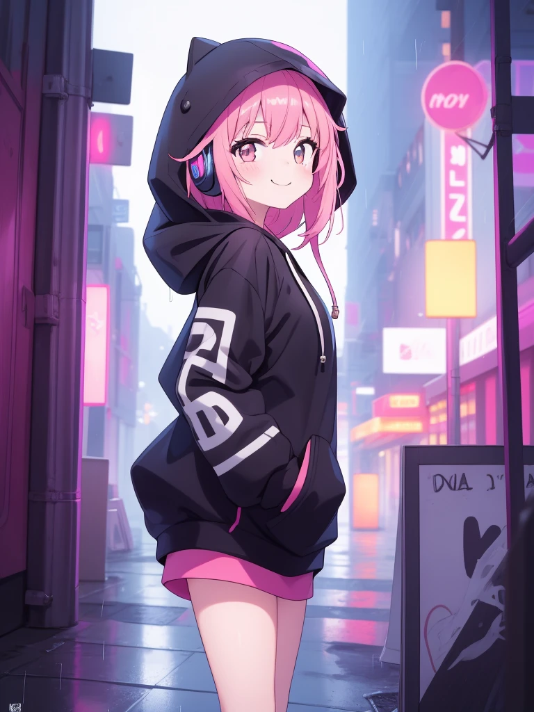 masterpiece,1girl,solo,incredibly absurdres,hoodie,headphones, street,outdoors,rain,neon lights, light smile, hood up, hands straight, looking direct in camera, from front