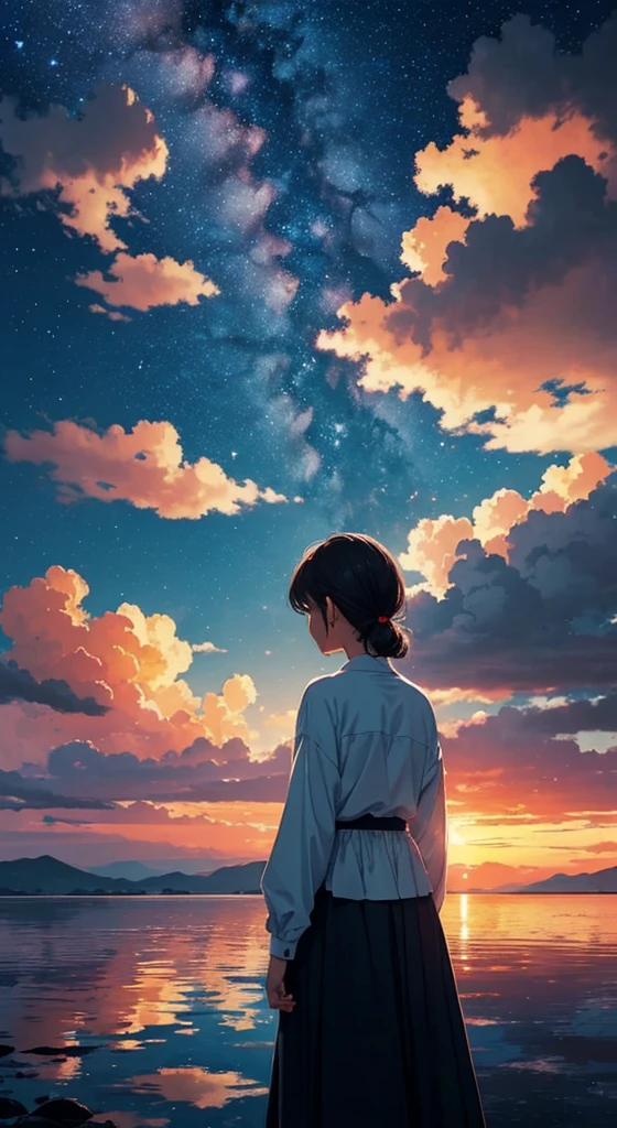 Every 夜空 carries the promise of a new dawn. Accept the outcome, Paving the way for a beautiful beginning. Nature painting. cloudy, sunset, A small woman is reflected in the photo.、Back view、Fantastic starry sky、