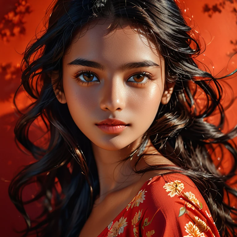 a 20 yo woman,long hair,dark theme,soothing tones,muted colors,high contrast,(natural skin texture, hyperrealism, soft light, sharp),red background,dark,sri lanka female