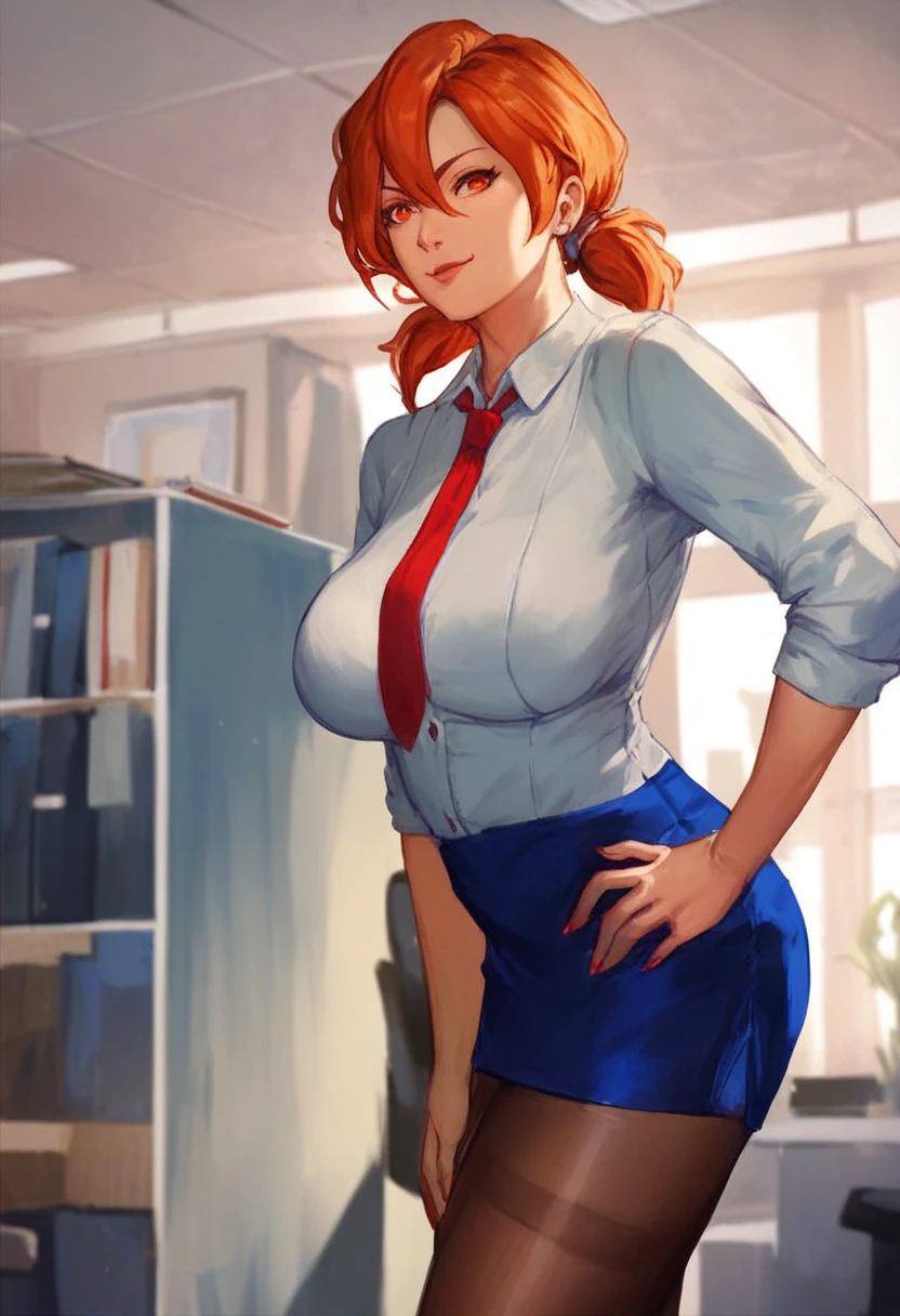 score_9, score_8_up, score_7_up, office, solo, NSGW,1woman, 33 years old, milf, office lady, standing, wide legs, hands on hip, confident, astride, mature, masterpiece, best quality, skirt, red eyes, hair between eyes, twintails, , standing, white shirt, pantyhose, red hair, pencil skirt, necktie, high heels, orange hair, blue skirt, orange eyes, black pantyhose, 