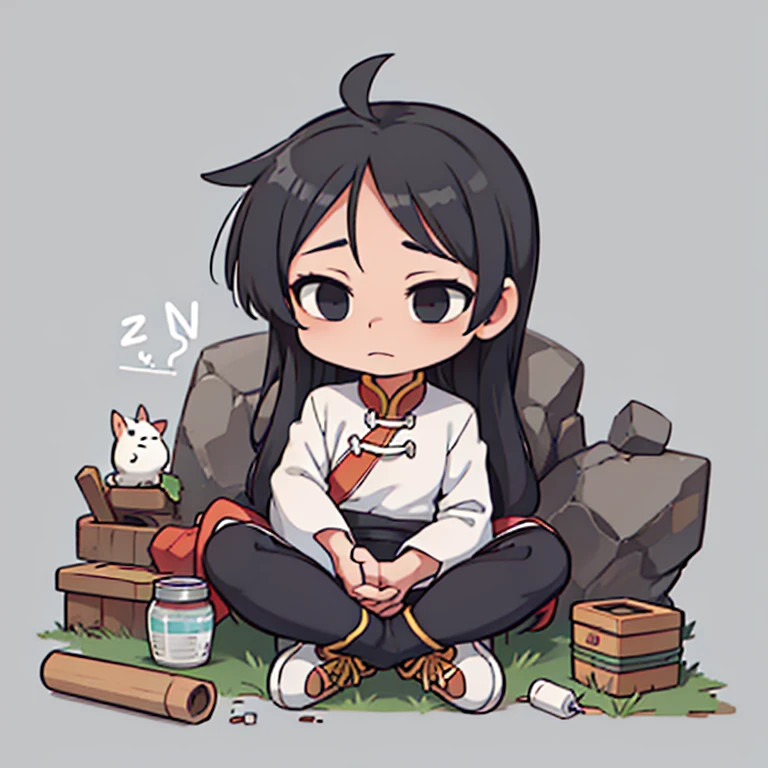 boy only、comic, chibi, cute, confident, Sit Cross-legged, Zen,Full Body,(Ancient Chinese clothes:1.2),with long black hair,Black eyes,boot,Poor, Homeless clothes,white background,simple background