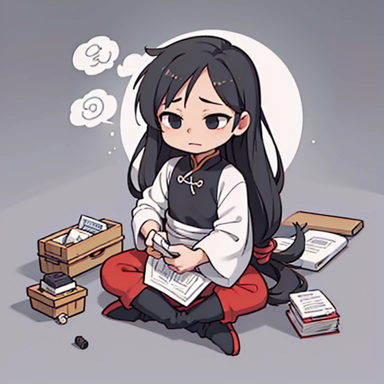 boy only、comic, chibi, cute, confident, Sit Cross-legged, Zen,Full Body,(Ancient Chinese clothes:1.2),with long black hair,Black eyes,boot,Poor, Homeless clothes,white background,simple background