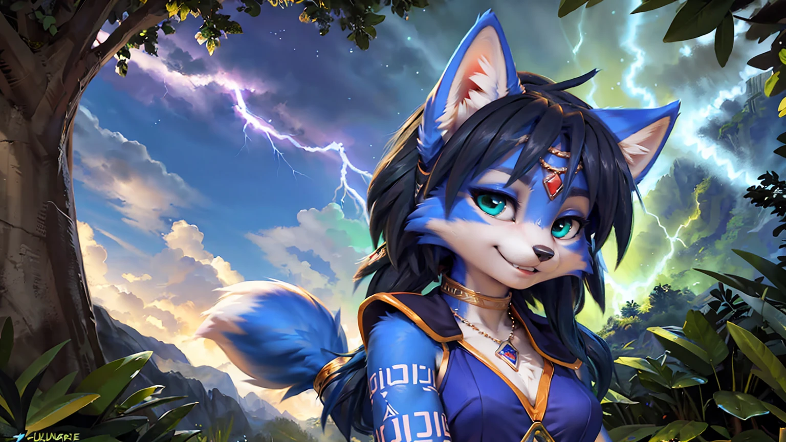 A beautiful and detailed (sweet picture) wa ((krystal)), Star Fox Krystal, sslim, lovable, green eyes, medium breasts, (((Long blue hair 1.3))), ((black hair tips)), Decollete, grin, look up,, anthro, furry, Uploaded E621, detailed fluffy fur, (wa Fluff-Kevlar, Bayard Wu, personalize me, Pino Daeni), detailed face, (fluffy), 1 girl, alone, Tribal clothing, sweet girl, alone4k, ,8k, A high resolution, best qualite, Perfect colors, perfect shadows, perfect lightning, posted on e621, (be Chunie, be canene khai, be t.e.starale), Red eees, (Realistic eee details 1.2), Suit for Assassin's Creed, white assassin robe, hidden blades, rüste zwei hidden blades aus, Assassin's Creed stele cape, blade's in hand, battle pose, battle, in the panoramic view, masterpiece, Slim bode, full bode like, walking through a burning rainforest, dramatic lighing, Soft lighting, dae, highle detail, Hair rolled up, a sharp look, a look full of killing intent, smiled slele, fit bode, perfect masculine figure, detailed fur, detailed face, (complex), (Super Detail), (ultra clear), (Best Qualite)