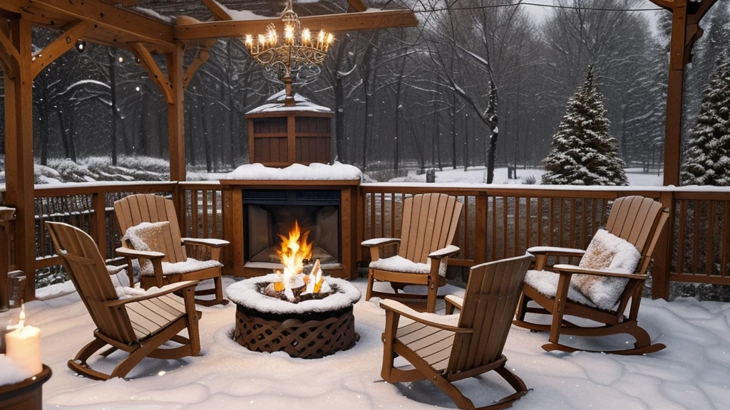snowy covered porch with chairs and a fire place in the middle, snowfall at night, outside in snow snowing, winter setting, cozy setting, light snowfall, snowy night, atmospheric cold lighting, perfect lighting in a snow storm, cozy and peaceful atmosphere, snowing outside, cozy atmospheric, cozy place, winter night, cozy and calm, snow falling, snowy winter christmas night