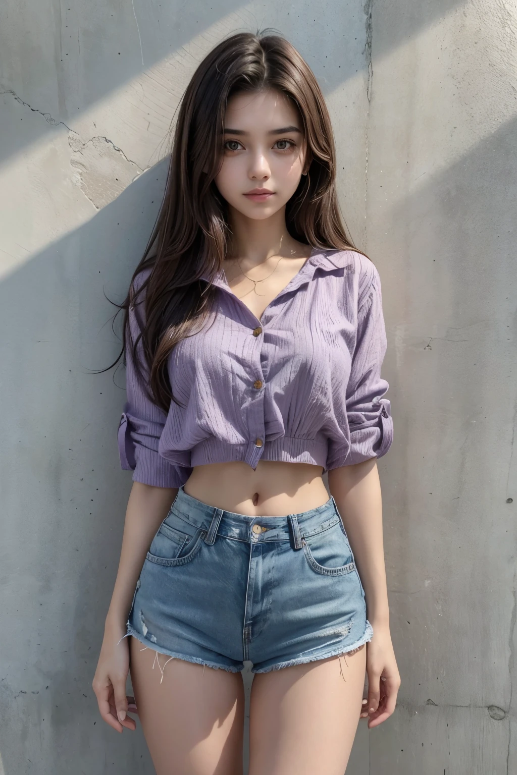Beautiful 20-year-old brunette Brazilian style girl wearing a short purple blouse and denim shorts with 4 buttons on the waistband and a high waist showing her navel in a vertical way