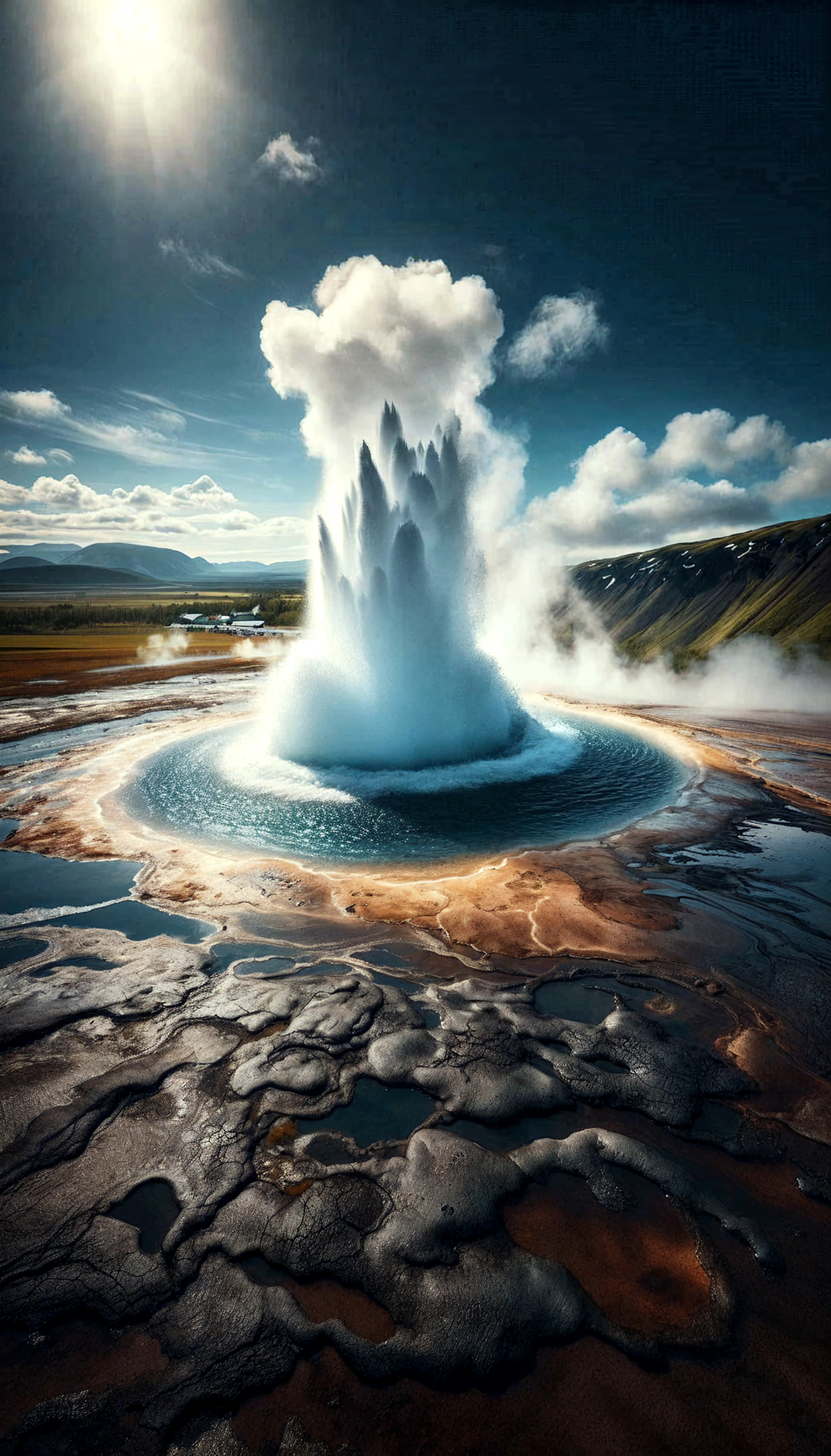 A breathtaking scene of the Great Geysir of Haukadalur, surrounded by lush greenery and a clear blue sky. The towering geysir erupts with magnificent force, sending a cascade of water and steam into the air. Showcasing the power and beauty of nature, with intricate details, clean lines, and a perfect illustration