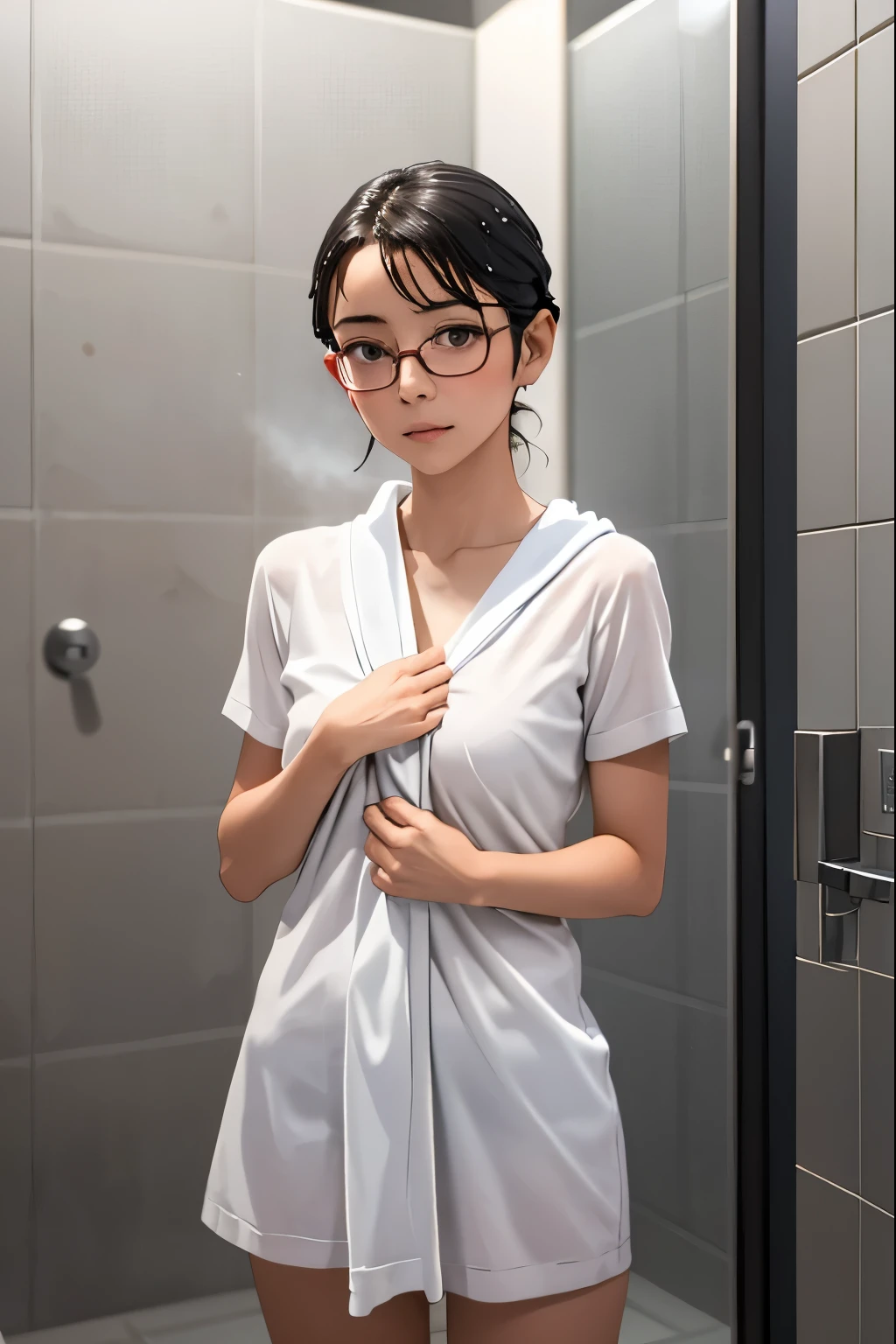 (masterpiece, highest quality), One Girl, Satou, Satou, Glasses, 赤いフレームのGlasses, wearing a white towel, Satou, Glasses, 赤いフレームのGlasses, Head to Chest, standing in front of a shower