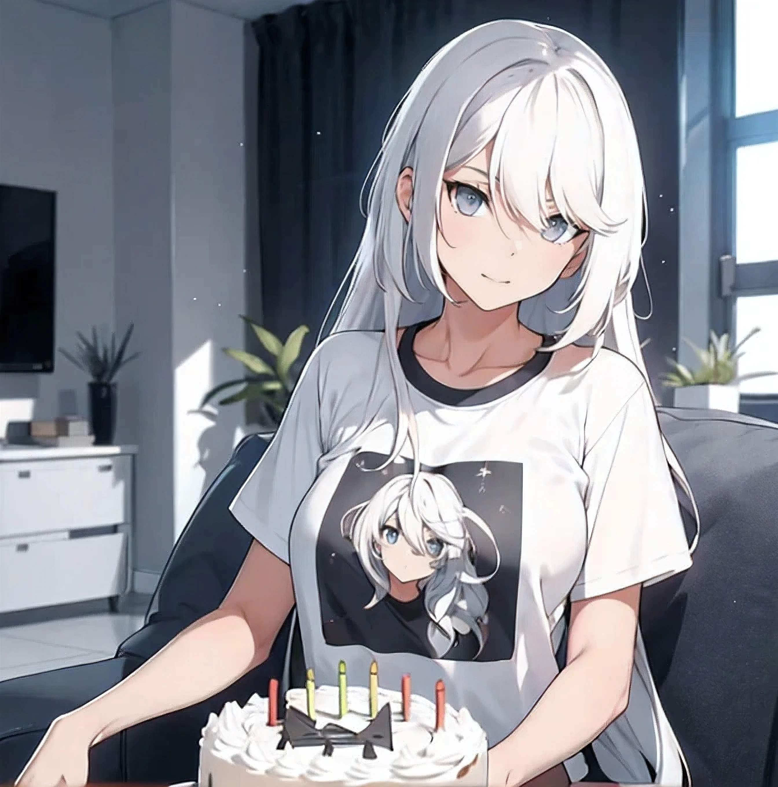 1 girl, solo, white hair, very long hair, grey eyes, large breast, closed mouth, casual clothes, giving happy birthday cake, facing forward, t-shirt, straight hair, standing, living room, giving cake with 2 hands to you, detailed eyes, sitting in sofa facing front 