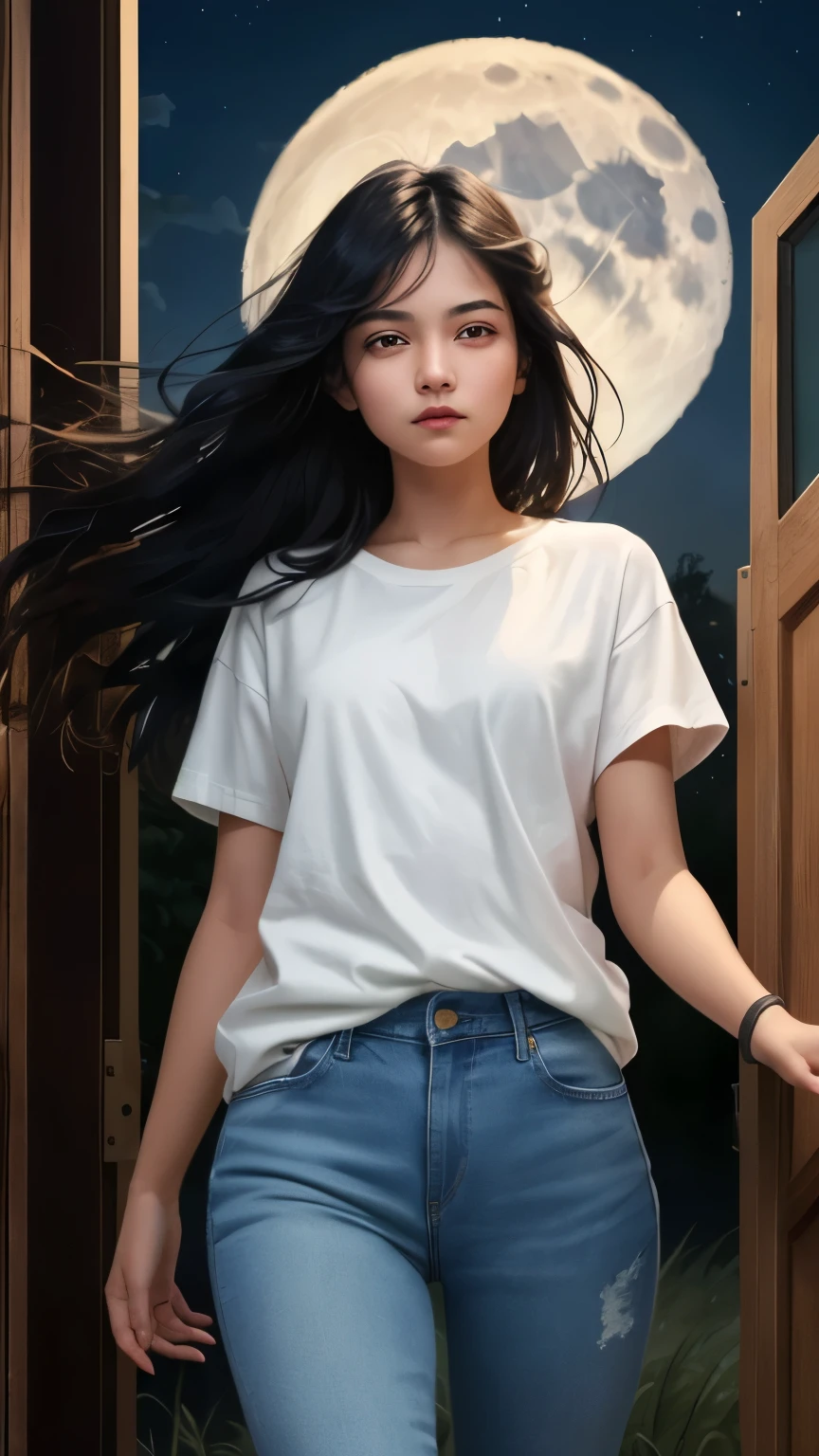 ((best quality)), ((masterpiece)), (detailed), A digital illustration of a long black haired age girl opening a door at night with a full moon in the background, with wind blowing her hair and a nervous expression on her face. She is wearing a plain white t-shirt and blue jeans