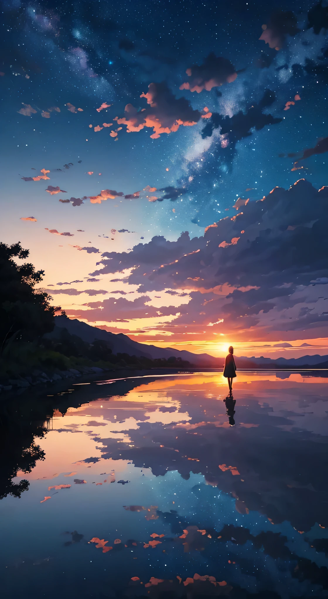 Every 夜空 carries the promise of a new dawn. Accept the outcome, Paving the way for a beautiful beginning. Nature painting. cloudy, sunset, A small woman is reflected in the photo.、Back view、Fantastic starry sky、