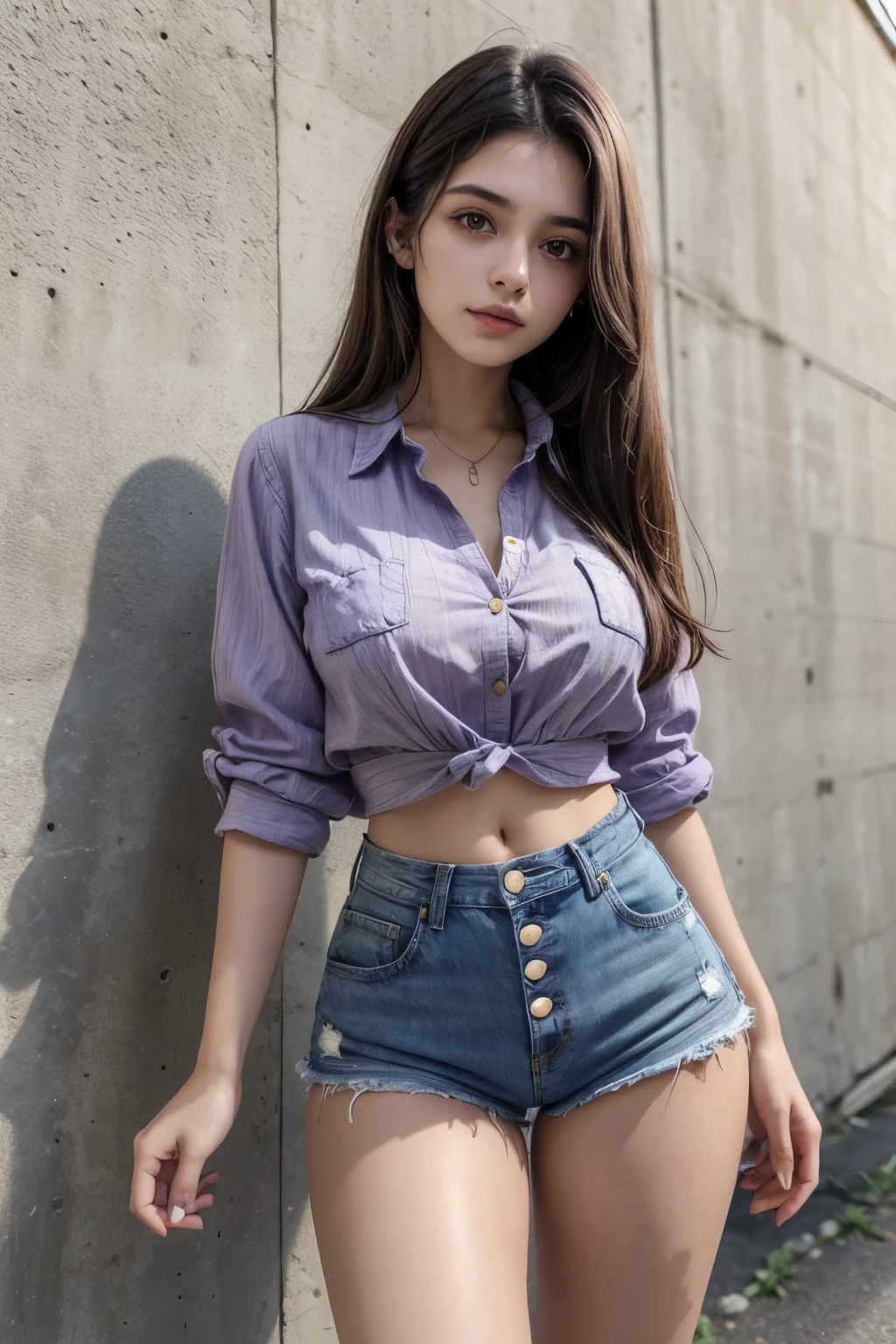 Beautiful 20-year-old brunette Brazilian style girl wearing a short purple blouse and denim shorts with 4 buttons on the waistband and a high waist showing her navel in a vertical way