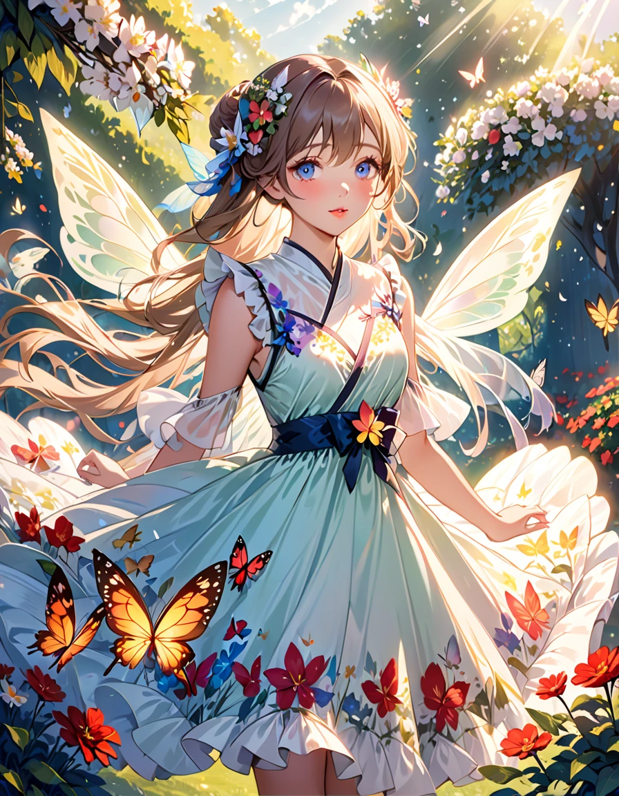 (A girl in a garden),illustrated,subdued colors,beautiful detailed eyes,beautiful detailed lips,long hair,fairy wings naughty,floral flowers colorful,butterflys,ethereal glow,medium dress,lovely expression,posing gracefully,bright sunlight