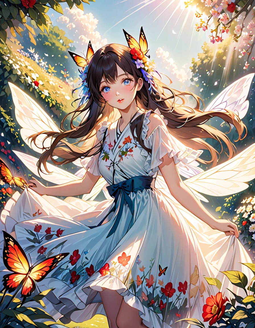 (A girl in a garden),illustrated,subdued colors,beautiful detailed eyes,beautiful detailed lips,long hair,fairy wings naughty,floral flowers colorful,butterflys,ethereal glow,medium dress,lovely expression,posing gracefully,bright sunlight