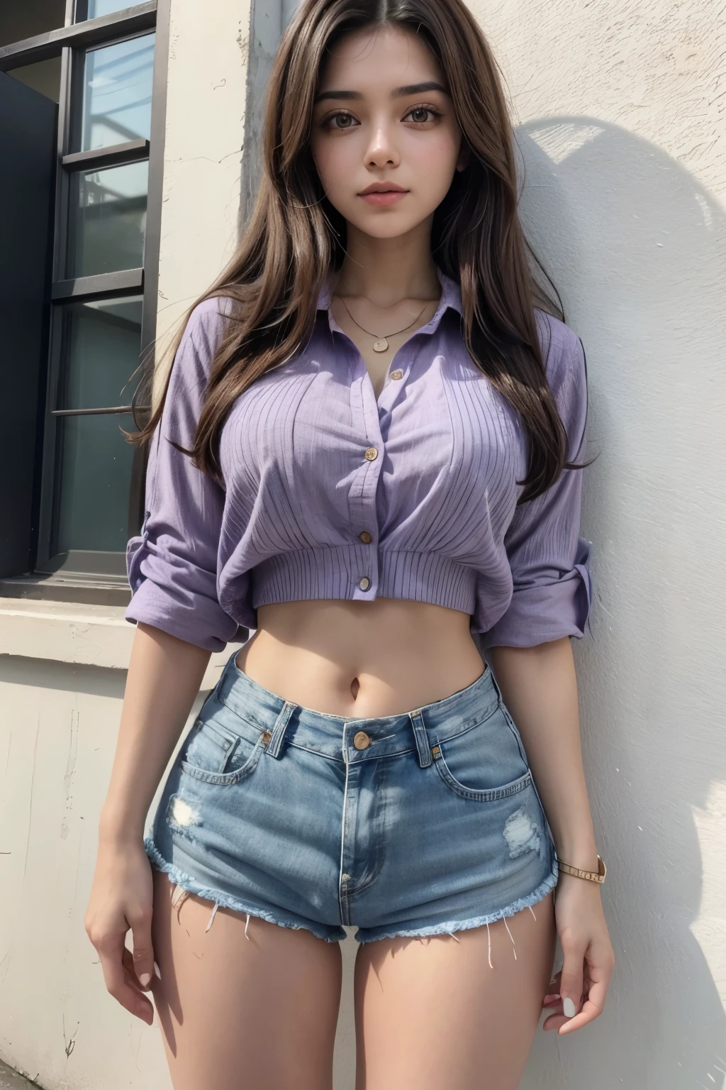 Beautiful 20-year-old brunette Brazilian style girl wearing a short purple blouse and denim shorts with 4 buttons on the waistband and a high waist showing her navel in a vertical way