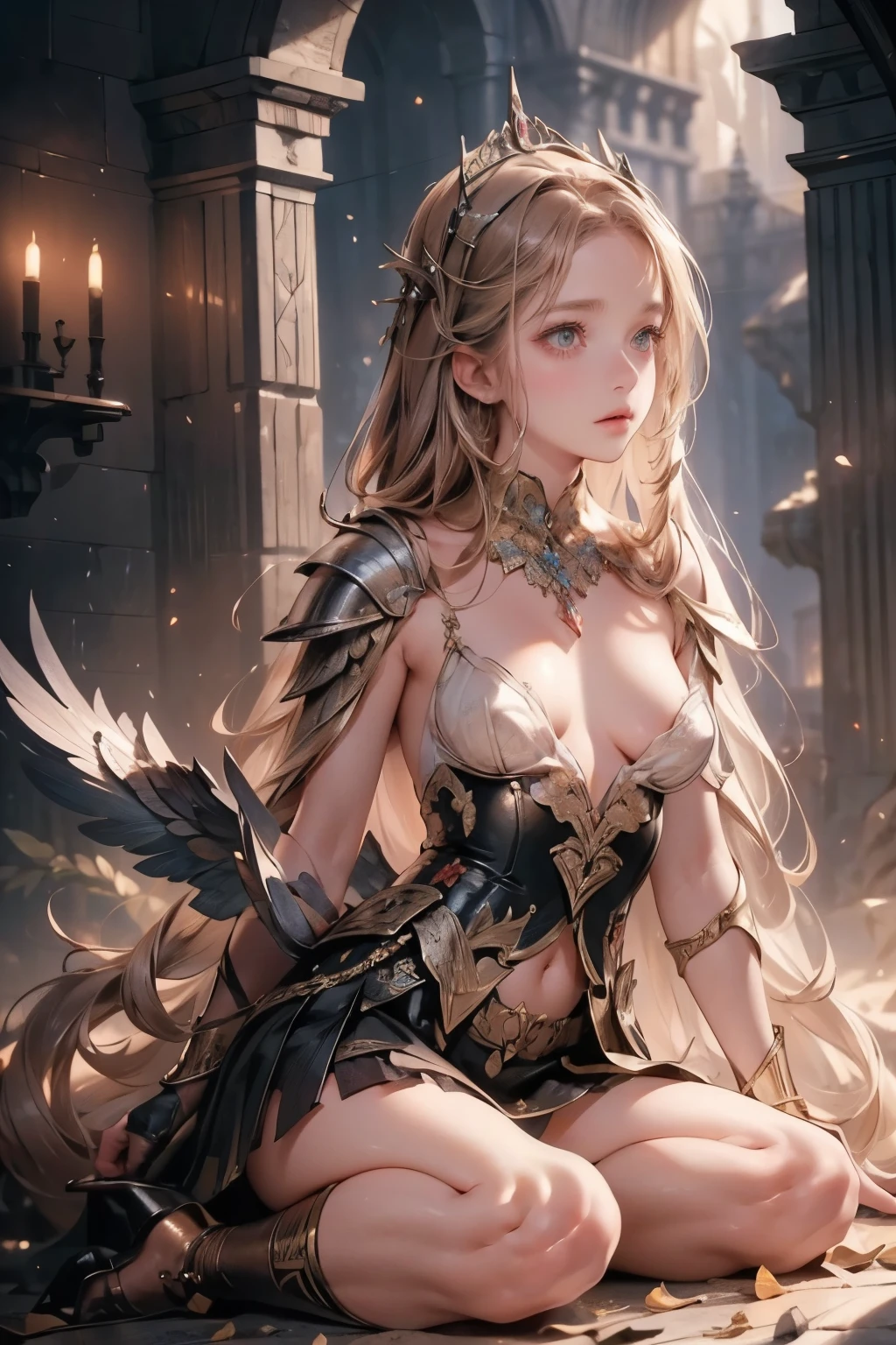 perfect face, a beaituful goddess valkyrie enshrined in armour, grand in scale and intricacy, Bloodborne inspired valkyrie, occult aesthetic, occult, detailed and intricate steampunk and detailed gothic, Very dramatic and cinematic lighting, cosmic horror, grim dark, Red and white with a sense of technology, side-lighting, NSFW, Depicting female characters from ethereal anime in a high-quality anime art style, gothic ta, beautiful small breasts, full body, whole body, body