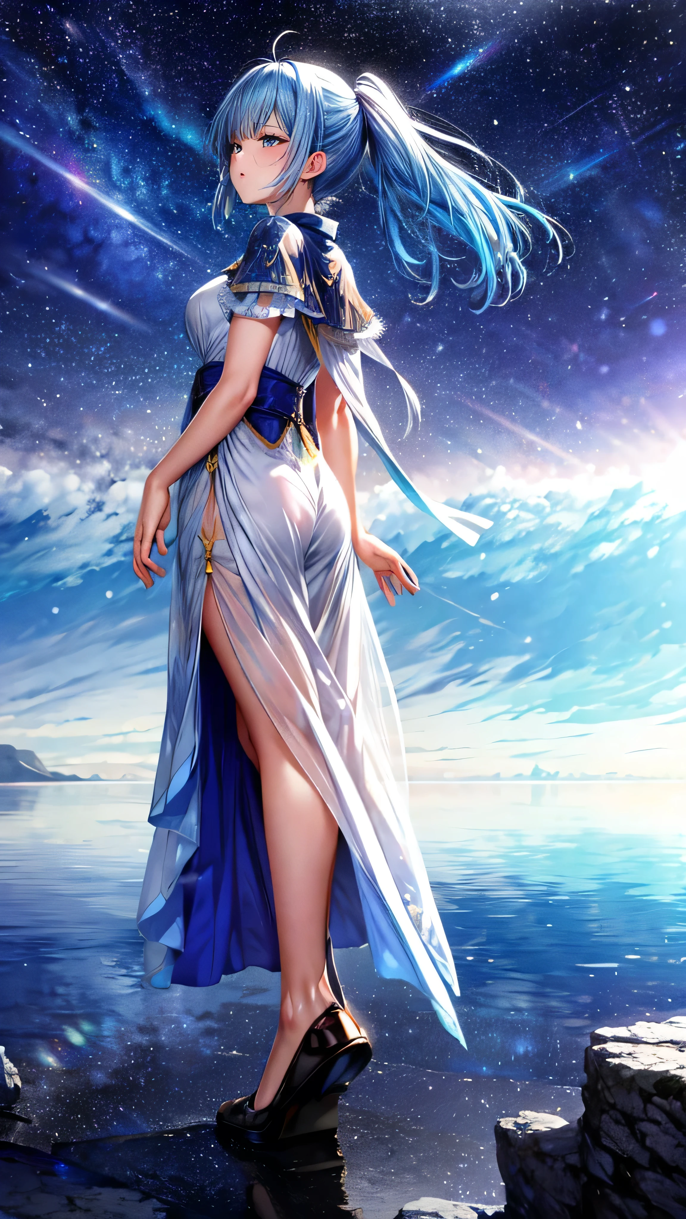 1girl, looking up at the sky, vast landscape, blue sky, outdoor, backview, flowers at her feet, wind blowing hair, reflection on water surface, anime style, detailed facial features, beautiful eyes, cute expression, Serene, peaceful, dreamlike, vibrant colors, soft lighting, high quality, 8k, photorealistic, masterpiece, digital art,masterpiece,best quality,ultra detailed,high-resolution,8k portrait,unity 8k wallpaper,extremely detailed CG unity 8k wallpaper、mysterious、Fantasy