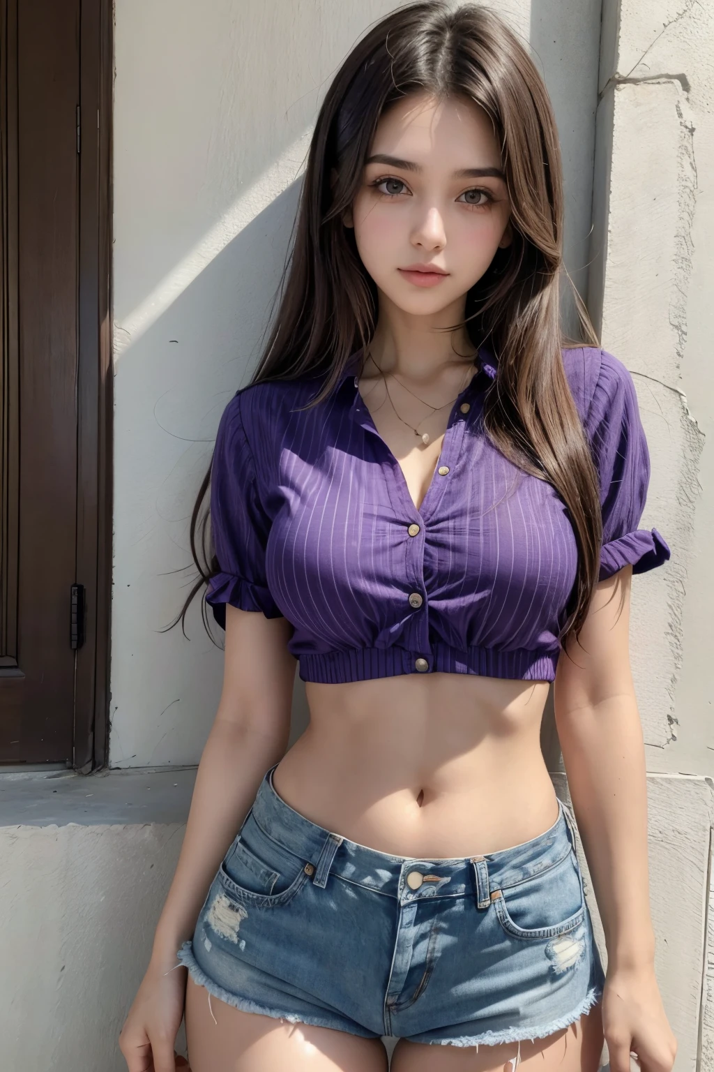 Beautiful 20-year-old brunette Brazilian style girl wearing a short purple blouse and denim shorts with 4 buttons on the waistband and a high waist showing her navel in a vertical way