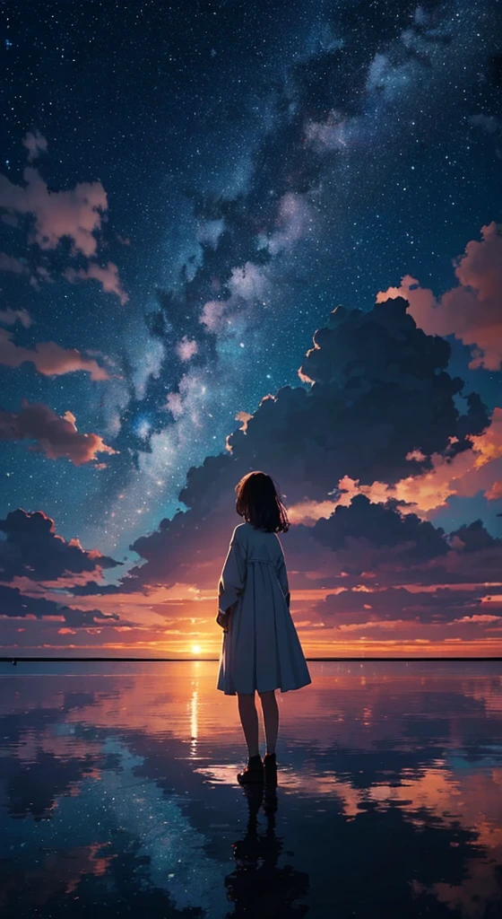 Every 夜空 carries the promise of a new dawn. Accept the outcome, Paving the way for a beautiful beginning. Nature painting. cloudy, sunset, A small woman is reflected in the photo.、Back view、Fantastic starry sky、