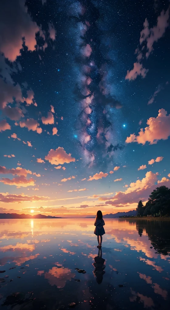 Every 夜空 carries the promise of a new dawn. Accept the outcome, Paving the way for a beautiful beginning. Nature painting. cloudy, sunset, A small woman is reflected in the photo.、Back view、Fantastic starry sky、