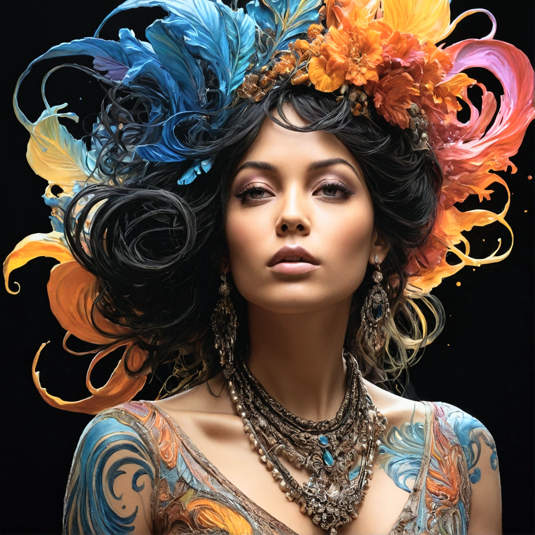 Colorful beautiful woman: Black ink flow: 8k resolution photorealistic masterpiece: by Aaron Horkey and Jeremy Mann: intricately detailed fluid gouache painting: by Jean Baptiste Mongue: calligraphy: acrylic: watercolor art, professional photography, natural lighting, volumetric lighting maximalist photoillustration: by marton bobzert: 8k resolution concept art intricately detailed, complex, elegant, expansive, fantastical