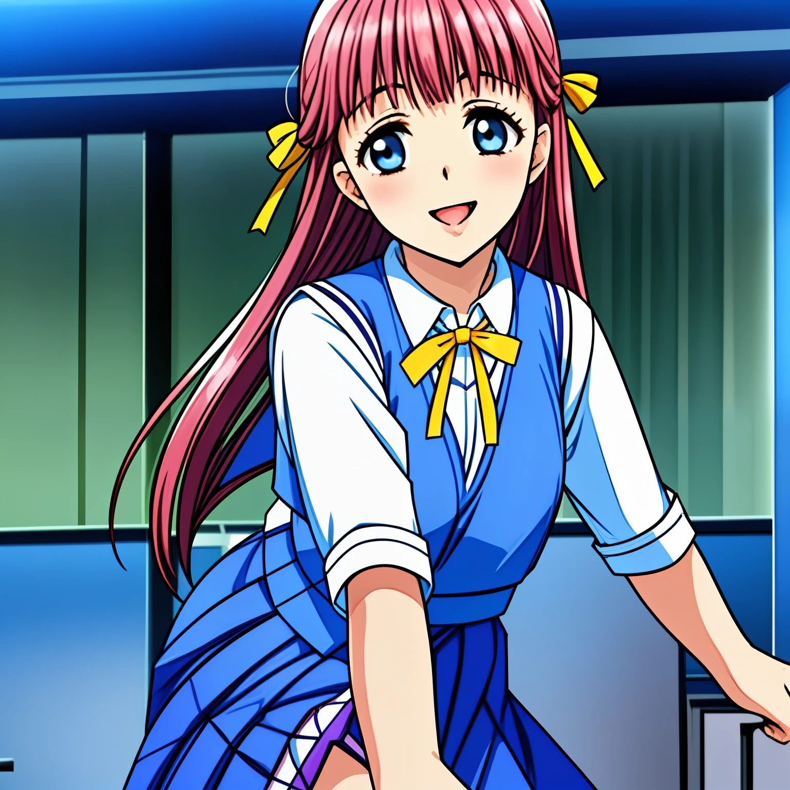 (highest quality, masterpiece:1.2), highest quality, High resolution, 1080P, 8k, (Very beautiful and delicately drawn high-resolution anime CG: 1.5), (A beautiful 15yo girl anime heroine, A very neat, very noble, pretty, pure girl is raising up from darkness succubus: 1.4), (sharp thin lines: 1.2), Glossy lips, Evenly cut curled bangs, (beautiful blue eyes with detailed: 1.3), (Very beautiful and very super-long flowing pink long hair: 1.2), (Noble blue school vest uniform, blue pleated noble skirt, white blouse: 1.8), (Yellow cute school ribbon on her chest), (Yellow hair ribbon clip: 1.0), (Giggling: 1.0), (Mouth is laughing and wide open as a game heroine: 1.0), (A beautiful body like a model), (Walking with a leather school bag, turning around), (long cute eyelashes: 1.4), ((thin droopy eyebrows: 1.4)), (giggling and calling me to invite me to her extreme happiness with her mouth widely open!: 1.6), (showing her very long tongue: 1.6), (laughing shy cheeks and lips, as if watching a comedy: 1.5), ((Very super long wavy hair is too much beautiful: 1.0)), (Tilting her head shyly: 1.2), (Too beautiful women to stop falling into her, makes me crazy: 1.6), (She is in fact succubi and calling me with strong religious temptation, drops me into craziness: 1.2), (showing her palm to invite me: 1.2)