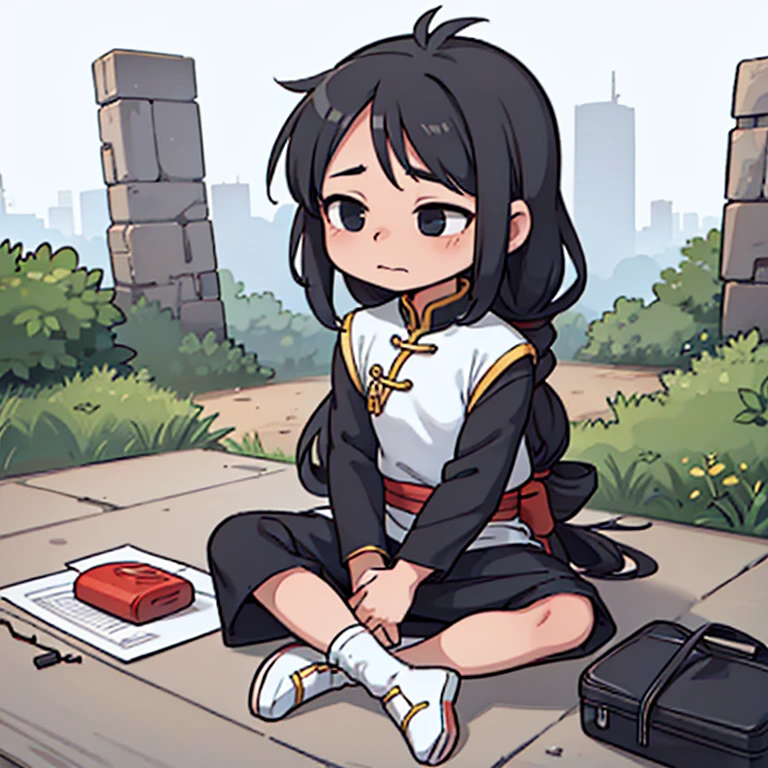 boy only、comic, chibi, cute, confident, Zen, Sit Cross-legged, Full Body，（Ancient Chinese clothes：1.2），with long black hair，Black eyes，boot，Poor, Homeless clothes，white background，simple background
