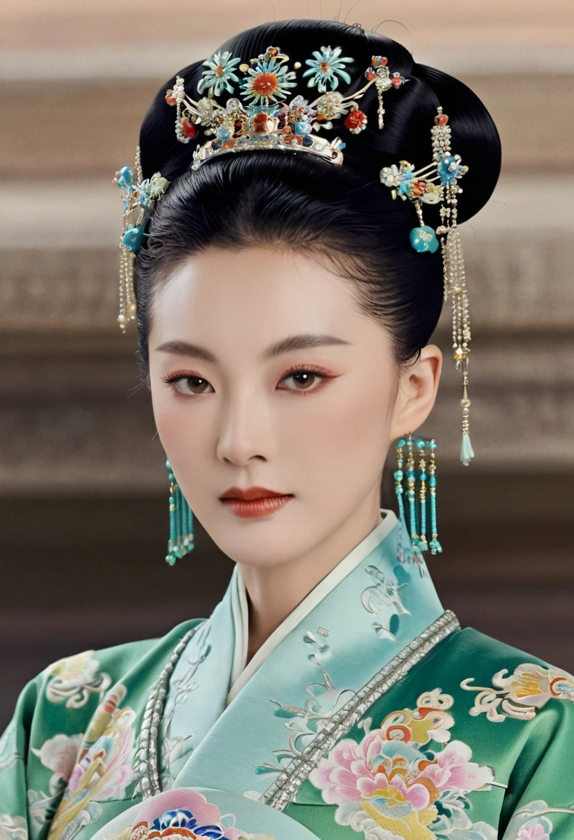 Empress of the Qing Dynasty at the Chinese court with her shimo-hair teased. Empress of the Qing Dynasty Empress of China crowned with a crown the size of a Chinese empress with her hair tied back and up, the background is stone tatami outside the Qing Dynasty.