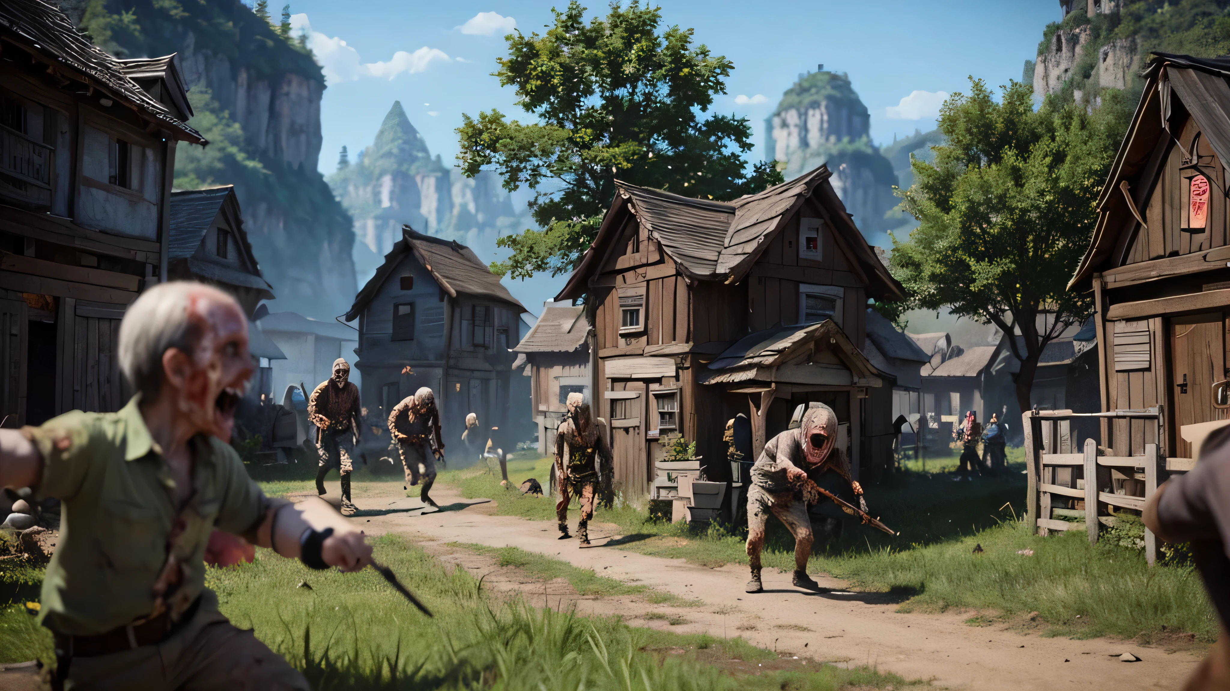 zombie attacking villages cartoon style for game, fantasy world scene,