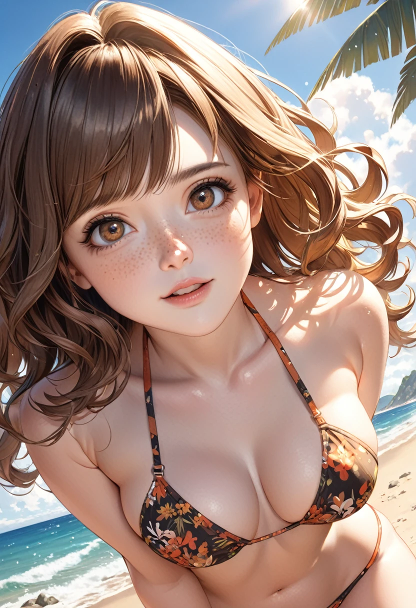 illustration, detailed illustration, ultra detailed, dynamic angle, 1girl, medium brown hair, wavy hair, big brown eyes, light freckles, cute, medium breasts, bikini, beach,