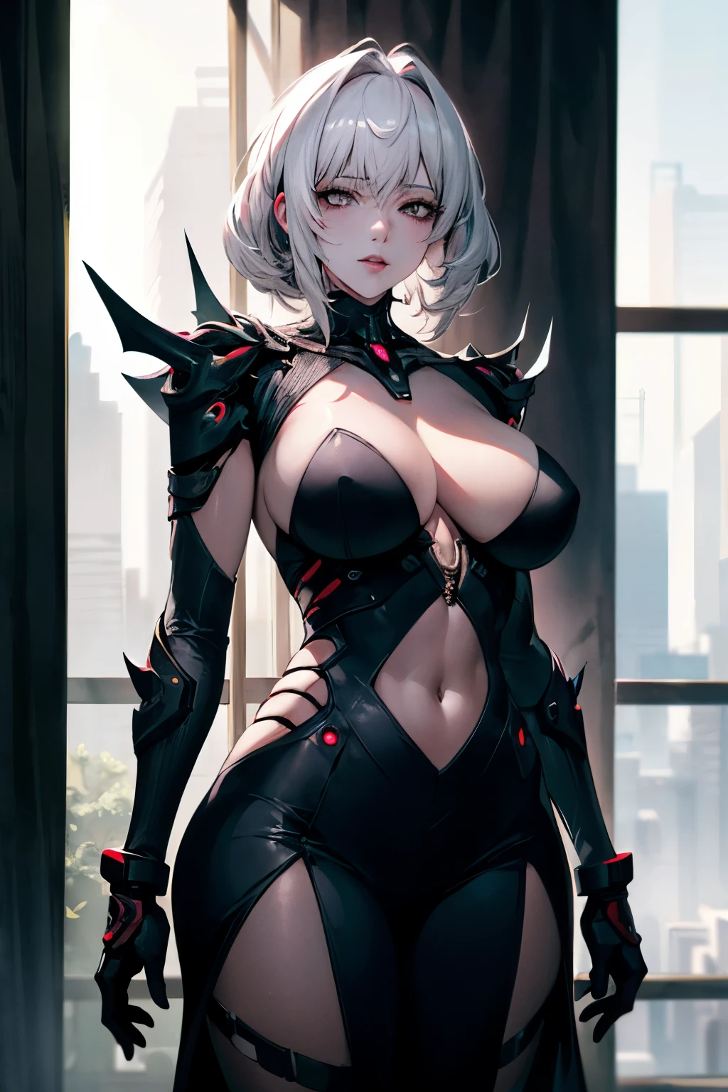 ((best quality)), ((masterpiece)), (detailed), Photorealistic, high resolution, mature woman, Image of a beautiful cyberpunk woman, เหมือนจริง, Hips up, jewelry, Curtain Bangs, White hair, White eyes, หน้าอกใหญ่, HDR (high dynamic range), After processing, Anisotropic filtration,depth of field, Maximum clarity and clarity, multi-layered surface, perfect proportions, 8K raw files, กระโปรงสั้น, natural lighting, soft lighting, sunlight, cyberpunk city, detailed anatomy, Cyber Samurai, cybog