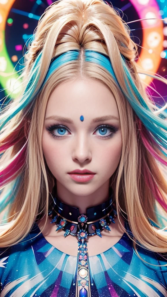 A stunning digital portrait of a woman with piercing blue eyes and flowing blonde hair, adorned with vibrant makeup and surrounded by a kaleidoscope of bright, bold colors.