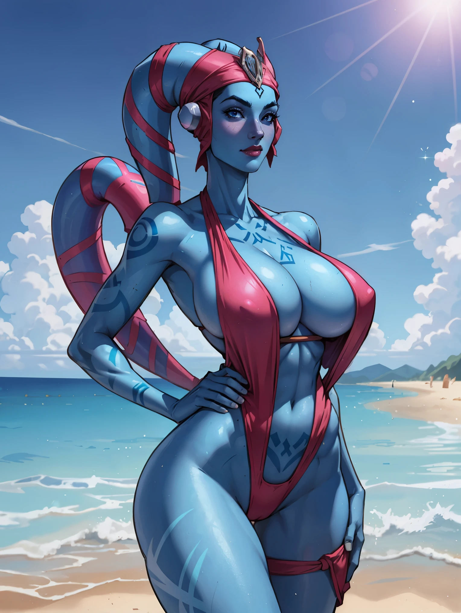 Bloom, HDR, lens flare, Tall Blue Skin Twi'lek with (large breasts) wearing a hot pink one-piece swimsuit on the beach, tattoos, cleavage, tall, graceful, (tall, long legs), athletic, slim hips, small waist, close-up