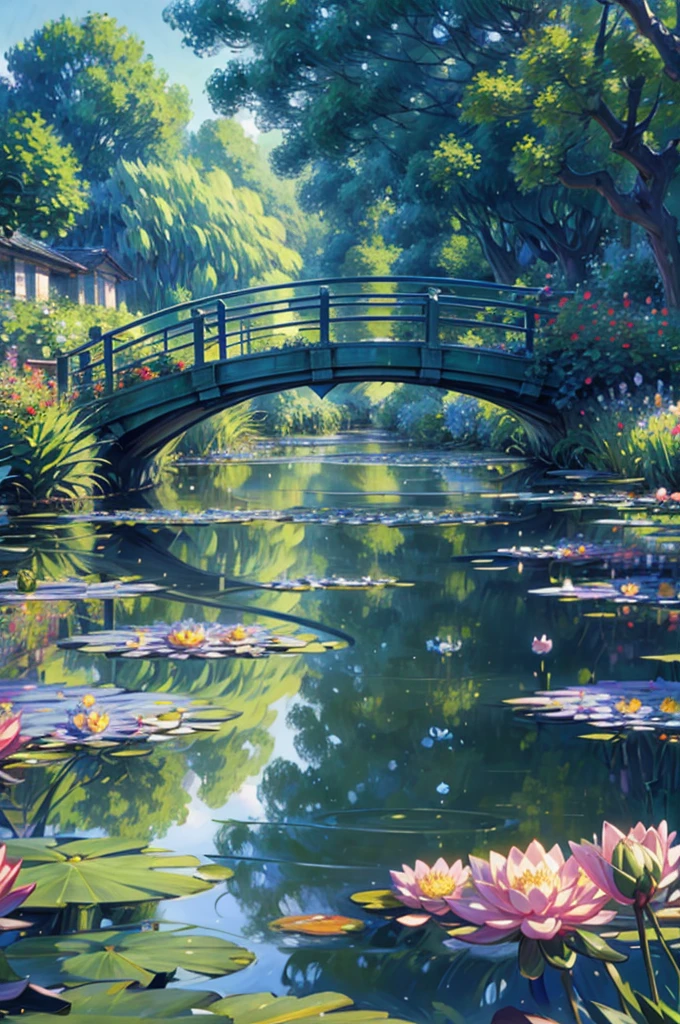 Imagine a detailed anime-style illustration of Claude Monet's famous garden. The scene features Monet's lush garden with its iconic water lilies and tranquil pond. The artwork captures the vibrant colors and soft brushstrokes of the original painting, with blooming flowers and greenery reflected in the serene water. The setting includes the charming Japanese bridge arching over the pond, surrounded by a rich tapestry of flowering plants and willows. The atmosphere is calm and picturesque, evoking the peaceful beauty of Monet's garden.